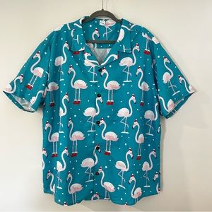 Holiday Flamingo Christmas Shirt Men’s 2XL XXL Short Sleeve Button Up Ugly